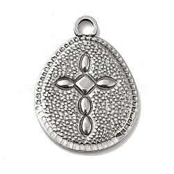 304 Stainless Steel Pendants, Teardrop with Cross Pattern Charms, Antique Silver, 23x17x1.5mm, Hole: 2.5mm(STAS-G278-20AS)