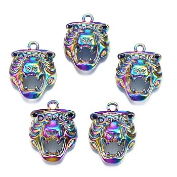 Rainbow Color Alloy Pendants, Cadmium Free & Nickel Free & Lead Free, Tiger, 31x24.5x13.5mm, Hole: 3mm