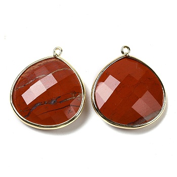 Natural Red Jasper Pendants, with Golden Brass Edge, Faceted, Undyed, Teardrop, 28x25x6mm, Hole: 1.6mm