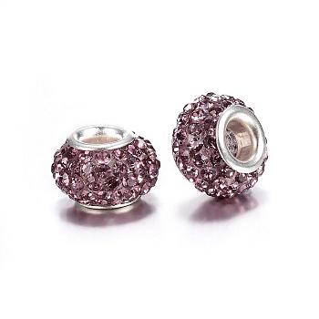 Grade A Rhinestone European Beads, Large Hole Beads, Resin, with Silver Color Plated Brass Core, Rondelle, Light Amethyst, 12x8mm, Hole: 4mm