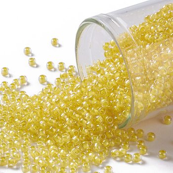 TOHO Round Seed Beads, Japanese Seed Beads, (349) Inside Color Crystal/Gold Lined, 11/0, 2.2mm, Hole: 0.8mm, about 1110pcs/bottle, 10g/bottle