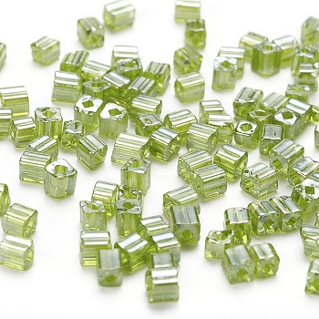 6/0 Glass Seed Beads, Transparent Colours Luster, Square Hole, Cube, Yellow Green, 3~5x3~4x3~4mm, Hole: 1.2~1.4mm, about 1000pcs/100g