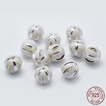 925 Sterling Silver Spacer Beads, Faceted, Frosted, Round, Silver, 6mm, Hole: 1mm