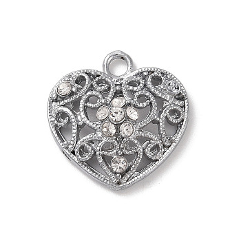 Alloy Pendants, with Glass Rhinestone, Heart, Platinum, 22x21x7mm, Hole: 2.5mm