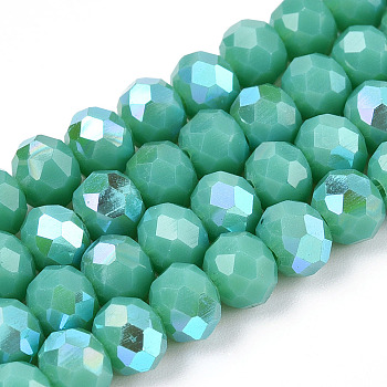 Electroplate Opaque Solid Color Glass Beads Strands, Half Rainbow Plated, Faceted, Rondelle, Light Sea Green, 8x6mm, Hole: 1mm, about 64~65pcs/strand, 40~41cm