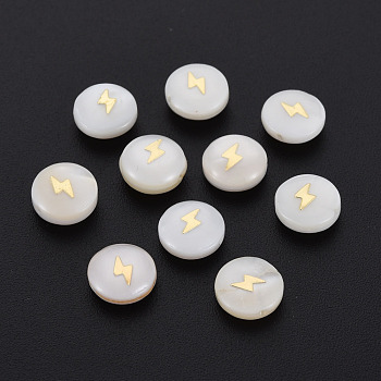 Natural Freshwater Shell Beads, with Golden Plated Brass Metal Embellishments, Flat Round with Lightning, Seashell Color, 8x4.5mm, Hole: 0.6mm