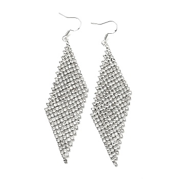 Crystal Rhinestone Rhombus Dangle Earrings, Brass Long Drop Earrings for Women, Platinum, 93mm, Pin: 0.7mm