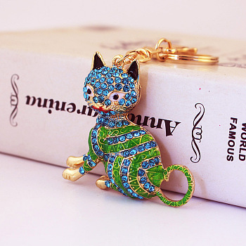 Fashion Rhinestones Enamel Sitting Cat Pendant Keychain, with Alloy Findings, for Car Bag Pendant Keychain, Lime Green, 12cm