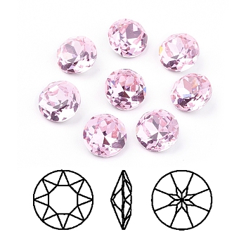 Pointed Back & Back Plated Glass Rhinestone Cabochons, Grade A, Faceted, Flat Round, Light Rose, 10x5mm