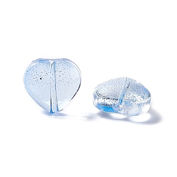 Electroplate Transparent Glass Bead, with Glitter Gold Powder, Heart, Light Sky Blue, 10x10x5mm, Hole: 1mm