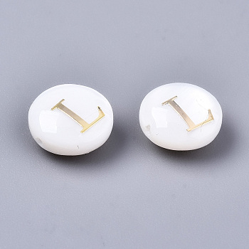 Natural Freshwater Shell Beads, with Golden Plated Brass Etched Metal Embellishments, Flat Round, Seashell Color, Letter.L, 8x3~5mm, Hole: 0.5~07mm