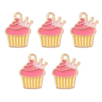 Alloy Enamel Pendants, Light Gold, Cadmium Free & Lead Free, Cake with Crown Charm, Hot Pink, 17x13x2mm, Hole: 1.4mm