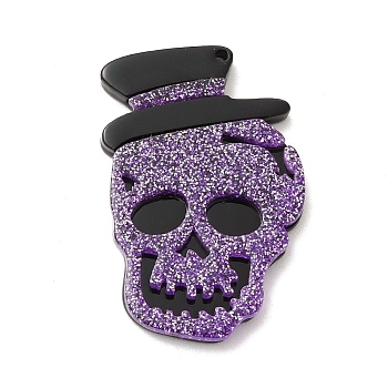 Halloween Acrylic Pendants,  with Sequins, Skull with Hat Charm, Purple, 45x30x4mm, Hole: 2mm