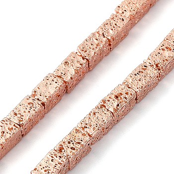 Electroplated Natural Lava Rock Beads Strands, Cuboid, Rose Gold Plated, 5~5.5x3x3mm, Hole: 1mm, about 76pcs/strand, 16.14''(41cm)