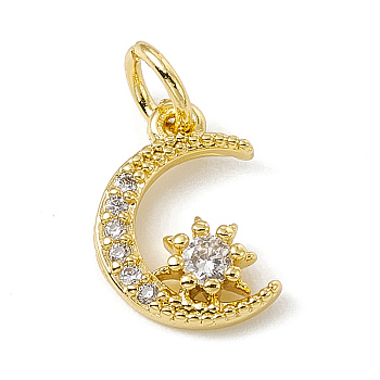 Brass Micro Pave Cubic Zirconia Charms, with Jump Ring, Moon & Star Charm, Real 18K Gold Plated, 12x9x2.5mm, Hole: 3mm