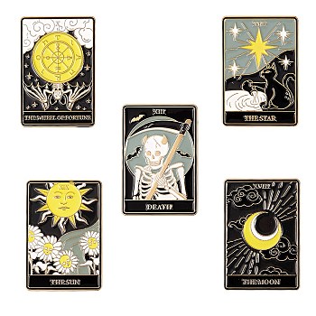5Pcs 5 Style Fashion Tarot Card Enamel Pin, Alloy Enamel Brooch, Golden, Mixed Patterns, 30.5x21x10mm, Pin: 1mm, 1pc/style