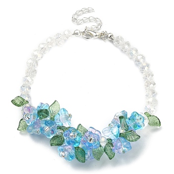 Flower Glass Beaded Link Bracelet with Alloy Clasps for Women, Deep Sky Blue, 9-1/2 inch(24cm)
