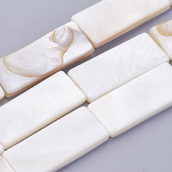 Natural White Shell Beads Strands, Rectangle, Floral White, 27.5x11~12x3mm, Hole: 1mm, about 14pcs/strand, 15.35 inch(39cm)