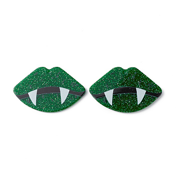 Opaque Printed Acrylic Pendants, with Glitter Powders, Lip Charm, Dark Green, 26.5x41.5x2.2mm, Hole: 1.6mm