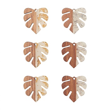 Transparent Resin & Walnut Wood Pendants, with Foil, Waxed, Monstera Leaf, Mixed Color, 30x28x3.5mm, Hole: 2mm, 12pcs/box