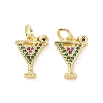Brass Micro Pave Colorful Cubic Zirconia Charms, with Jump Ring, Cocktail/Cup, Real 18K Gold Plated, 14x10x2.7mm, Hole: 3.2mm