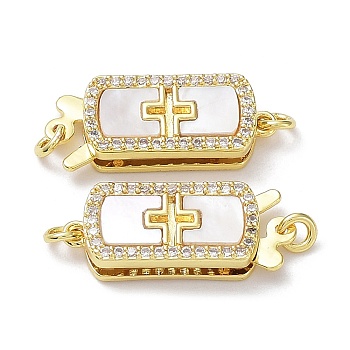 Rack Plating Brass Micro Pave Clear Cubic Zirconia Box Clasps, with Natural Shell, 1-Strand, 2-Hole, Long-Lasting Plated, Lead Free & Cadmium Free, Rectangle with Cross, Real 18K Gold Plated, 21x8.5x4mm, Hole: 1.2mm