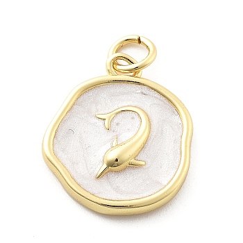 Ocean Theme Brass Enamel Pendants, with Jump Ring, Real 18K Gold Plated, Flat Round Charm, Shark, 17.5x15x3mm, Hole: 3mm