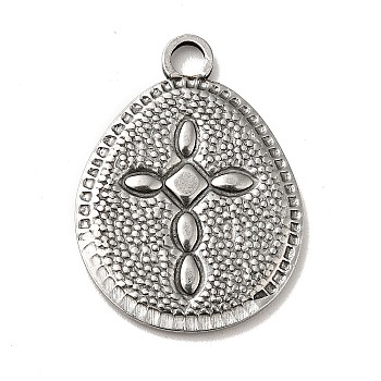 304 Stainless Steel Pendants, Teardrop with Cross Pattern Charms, Antique Silver, 23x17x1.5mm, Hole: 2.5mm