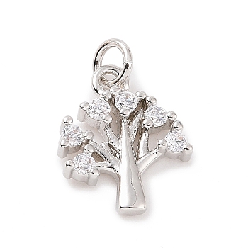 Brass Micro Pave Cubic Zirconia Pendants, with Jump Ring, Tree Charm, Platinum, 15x12x3mm, Hole: 2.8mm