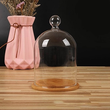 Clear Glass Dome Cover, Decorative Display Case, Cloche Bell Jar Terrarium with Bamboo Base, Round Pattern, 90x150mm