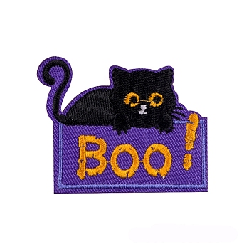 Halloween Theme Cat Cartoon Appliques, Embroidery Iron on Cloth Patches, Sewing Craft Decoration, Blue Violet, 60x57mm