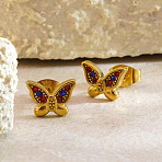 Butterfly 304 Stainless Steel Micro Pave Colorful Cubic Zirconia Stud Earrings, Golden, 6.5x9mm(EJEW-L317-04G)