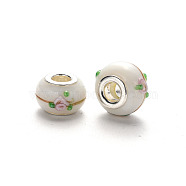 Handmade Lampwork European Beads, Large Hole Rondelle Beads, Bumpy Lampwork, with Glitter Powder and Platinum Tone Brass Double Cores, Floral White, 14~15x9~10mm, Hole: 5mm(LPDL-N001-037-E10)