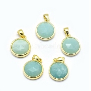 Natural Amazonite Pendants, with Golden Tone Brass Findings, Flat Round, Faceted, 14x11x4.5mm, Hole: 2.5x3.5mm(G-O176I-02G)
