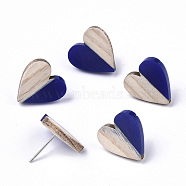 Resin & Wood Stud Earrings, with 304 Stainless Steel Pin, Heart, Dark Blue, 15x14~15mm, Pin: 0.7mm(EJEW-N017-002A-C01)