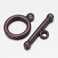 Brushed Brass Ring Toggle Clasps, Nickel Free, Red Copper, Ring: 15x11x2mm, Bar: 6x19x3mm, Hole: 1mm(KK-L116-31R-NF)