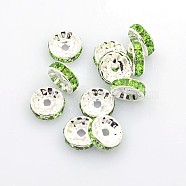 Brass Grade A Rhinestone Spacer Beads, Silver Color Plated, Nickel Free, Peridot, 10x4mm, Hole: 2mm(RSB039NF-10)