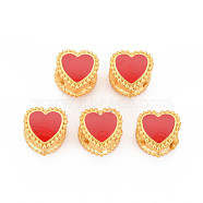 Rack Plating Alloy Enamel European Beads, Large Hole Beads, Cadmium Free & Nickel Free & Lead Free, Matte Gold Color, Heart, Red, 10x10.5x8mm, Hole: 5mm(ENAM-N056-008A)