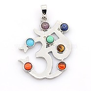 Vintage Chakra Jewelry Brass Mixed Stone Pendants, with Alloy Findings, Aum/Om Symbol, Platinum, 40x33x4mm, Hole: 5x8mm(X-G-I114-01)