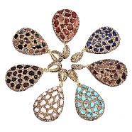 Polymer Clay Rhinestone Pendants, with Gemstone Chip/Natural Shell Chip and PU Leather, Teardrop, Golden, 41~42x28~29x6~7mm, PP12(1.8~1.9mm), Hole: 9x5mm(RB-S056-11A-G)