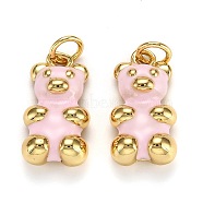 Real 18K Gold Plated Brass Pendants, with Enamel and Jump Rings, Long-Lasting Plated, Bear, Pink, 17.5x9x5mm, Jump Ring: 5x1mm, 3mm Inner Diameter(X-KK-L206-001B-G)