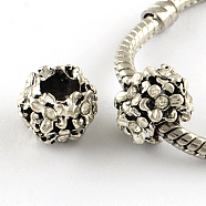 Antique Silver Plated Alloy Rhinestone Flower Large Hole European Beads, Crystal, 11x8mm, Hole: 5mm(MPDL-R041-04A)