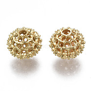 Brass Beads, Nickel Free, Hollow, Round, Real 18K Gold Plated, 11.5x13.5x11.5mm, Hole: 2.5mm(KK-S356-337G-NF)