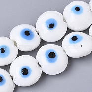 Handmade Evil Eye Lampwork Beads Strands, Flat Round, White, 16~17x8~9mm, Hole: 1.8mm, about 24pcs/strand, 12.60''(32cm)(LAMP-R143-04C)