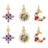 6Pcs 3 Style Brass Micro Pave Cubic Zirconia Charms, with Jump Ring, Sun & Moon & Star Charm, Real 18K Gold Plated, 13~14x10.5~11x2~4mm, Hole: 3.2mm, 2pcs/style(KK-DC0003-17)