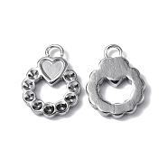 304 Stainless Steel Pendant Cabochon & Rhinestone Settings, Flat Round Charm, Stainless Steel Color, Fit for 1mm Rhinestone, Heart Tray: 3.5x3.5mm, 13.5x10x2mm, Hole: 2mm(STAS-C066-05P)