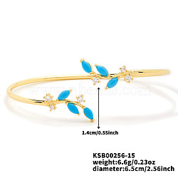 Brass Micro Pave Cubic Zirconia Open Cuff Bangles, Leaf Charms Bangles for Women, Gold, Blue, 2-1/2 inch(6.5cm)(SK0573-1)