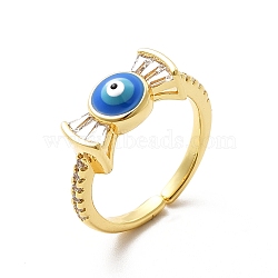 Cubic Zirconia Candy with Enamel Evil Eye Open Cuff Ring, Brass Jewelry for Women, Real 18K Gold Plated, US Size 6(16.5mm)(KK-H439-50G)