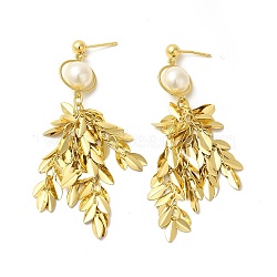 ABS Pearl with Leafy Branch Dangle Stud Earrings, Rack Plating Brass Long Cluster Drop Earrings for Women, Cadmium Free & Nickel Free & Lead Free, Real 18K Gold Plated, 84mm, Pin: 1mm(EJEW-E270-13G)