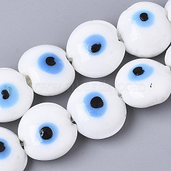 Handmade Evil Eye Lampwork Beads Strands, Flat Round, White, 16~17x8~9mm, Hole: 1.8mm, about 24pcs/strand, 12.60''(32cm)(LAMP-R143-04C)